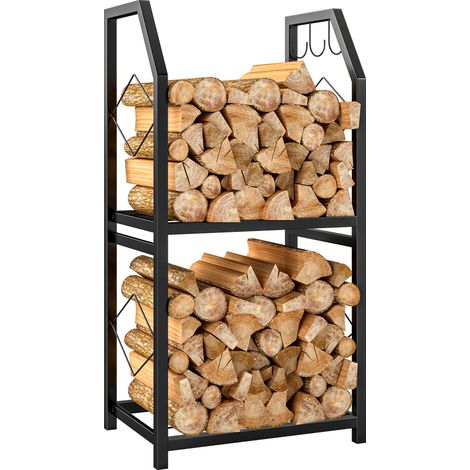 2-stöckiges Holzregal für drinnen und draußen mit 3 seitlichen Haken aus Stahl, 41 x 30 x 81 cm, Schwarz (1/5)