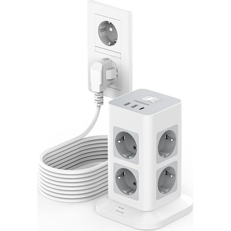 Tour Multiprise Parafoudre et Surtension 8 Sortie AC avec 3 USB, Bloc Prise 3600W avec Interrupteur et Rallonge Electrique 10M, Conivent pour Bureau et Maison, Gris (1/5)