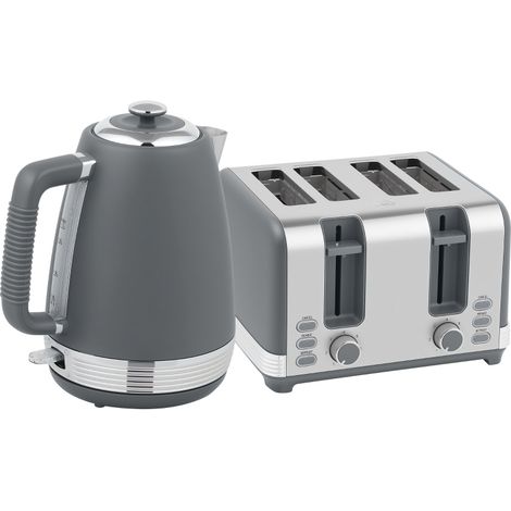 Stainless Steel Kettle and Toaster Set, 1.7L 3000W Rapid Boil Jug Kettle with UK Strix Thermostat, Limescale Filter, 4 Slice Toaster with 7 Browning Controls, Crumb Tray, Grey and Silver Tone