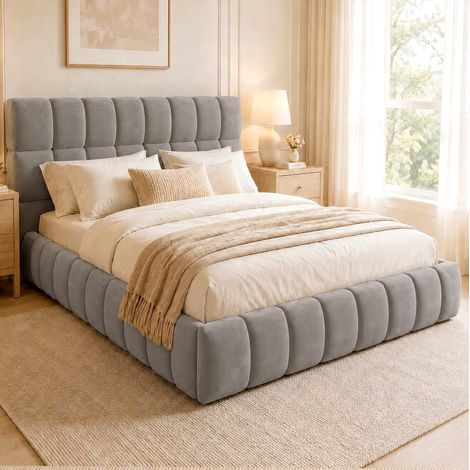 Cama tapizada 140x200 cm gris, tela y MDF, cabecero acolchado (1/4)