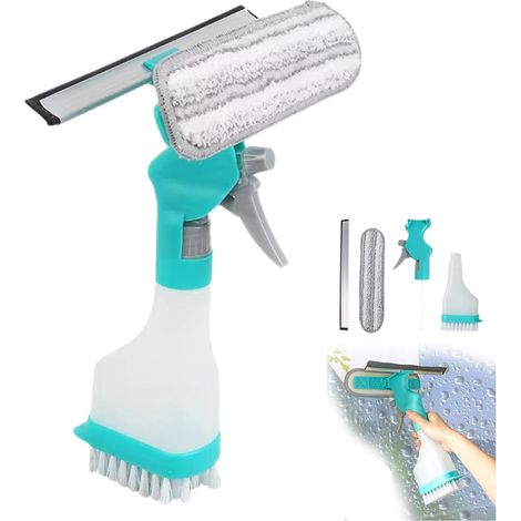 Kit de nettoyage de vitres 4 en 1 compatible avec les portes de voiture, de cuisine, de salle de bain et de douche, comprenant un flacon pulvérisateur et une raclette (bleu).