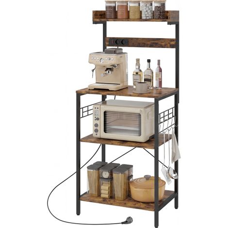 Étagère cuisine 2 prises, étagère micro-ondes ajustable avec crochets 60x42x137 cm Marron rustique