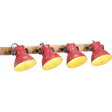 Lampe murale industrielle design rustique 90 x 25 cm 4 abat-jours ambiance cosy en fer rouge délavé (1/5)
