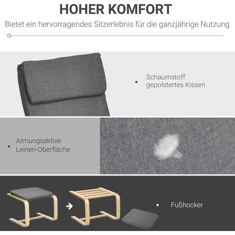Fauteuil avec repose-pieds, ensemble fauteuil, aspect lin, bois massif, gris et nature (1/5)