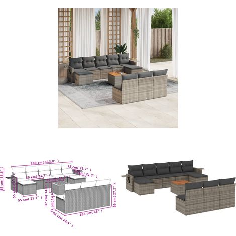 11-tlg. Garten-Sofagarnitur mit Kissen Grau Poly Rattan - Gartenmöbel Set - PE-Rattan Möbel - Outdoor Lounge - Esszimmergarnitur - Balkonmöbel - Home & Living (1/3)