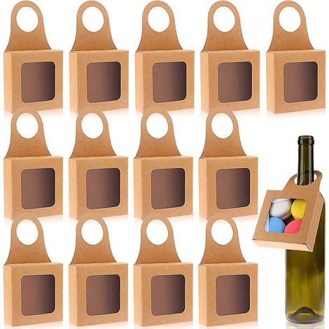 Lot de 20 boîtes à vin en papier kraft avec fenêtre, boîtes à cadeaux suspendues et pliables. (1/5)