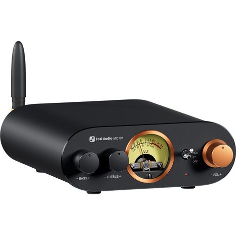 Mini Ampli Bluetooth, Amplificateur Audio HiFi Stéréo avec VU-Mètre 2 Canaux pour Haut-Parleurs Passifs avec Contrôle des Basses et des aigus Vintage en Alliage d'Aluminium (1/5)