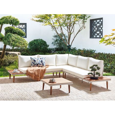 Conjunto de jardín de madera de acacia 5 plazas con sofá esquinero y mesa de centro cojines blanco crema Corato (1/5)