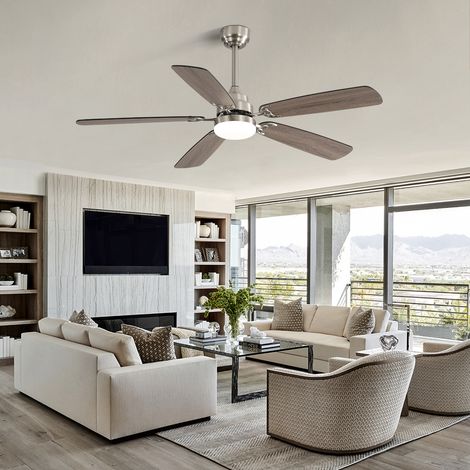 REDOM Ventilador de techo con LED, aspas bicolor, 3 temperaturas de color, regulable, función memoria, MDF níquel cepillado