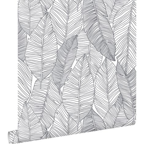 papier peint feuilles dessinées noir et blanc - ESTAhome (1/5)