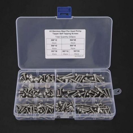 Lot de 220 vis autotaraudeuses M3 M4 M5 304 en acier inoxydable à tête cylindrique