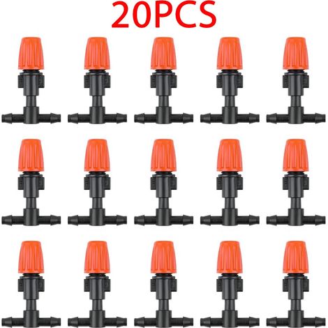 (20 pièces) Buse de brumisation réglable orange en T (7,5-10 L/h) avec raccord en T 1/4" pour système d'arrosage de jardin ou de serre avec tuyau de 4/7 mm (1/4)