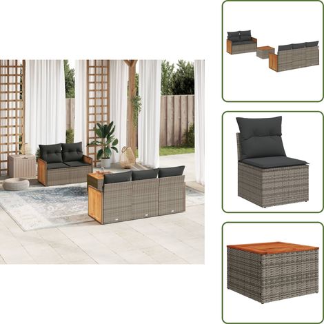 The Living Store Salon de jardin 6 pcs avec coussins gris résine tressée - Ensemble Salon De Jardin - Meuble De Jardin - Mobilier Extérieur - Chaise Longue - Set Salon De Jardin