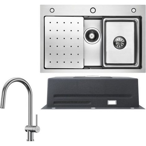 Fregadero de cocina de acero inoxidable 70x45cm cepillado con escurridor + grifo de cocina extraíble cepillado con 2 tipos de chorro grifo de cocina alto 425MM (1/5)