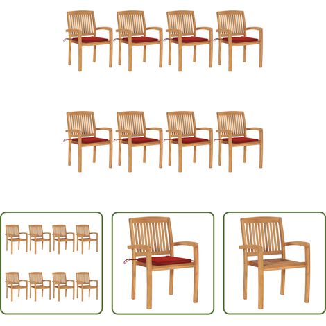 Chaises de salle à manger - Chaises de jardin empilables avec coussins lot de 8 Teck solide (1/5)
