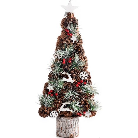 Alberi di Natale decorativi con base tronco in legno, struttura in pigne e rami di abete innevati, bacche rosse, set da 2 pezzi, cm 22 x 12 x 53 H