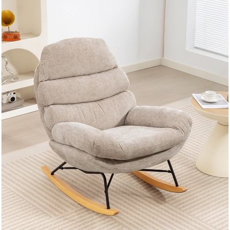 Gepolsterter Schaukelstuhl aus Polyester in Cremeweiß mit Stahl- und Holzgestell, 80 x 103 x 91 cm (1/5)