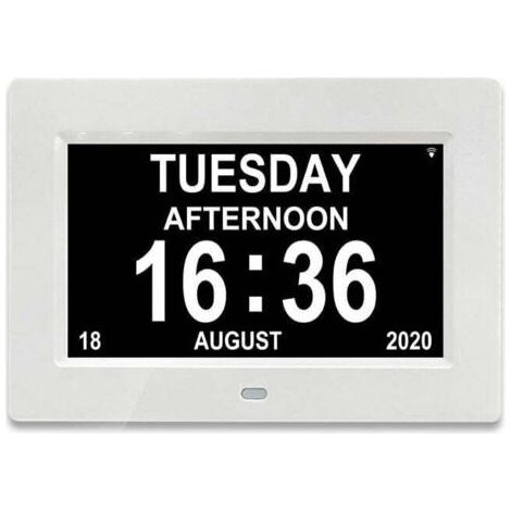 Horloge numérique LCD 7 pouces avec calendrier, date, jour de la semaine et heure, horloge Alzheimer pour les seniors, convient également aux parents (Blanc) (1/5)