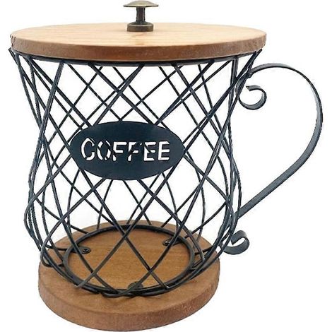 Métal café pod support mug grand wire panier avec bois base pour plan de travail café rangement pour maison et bureau B (1/5)