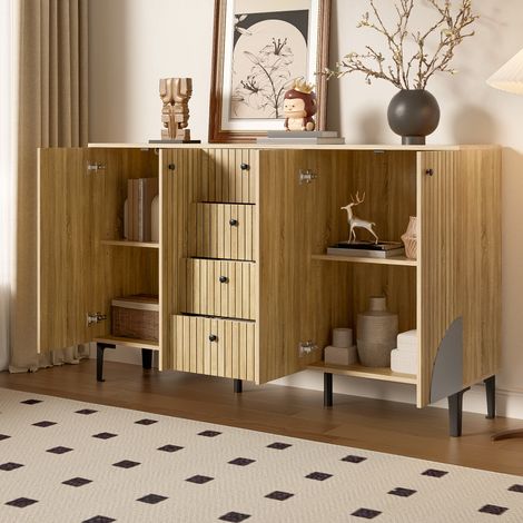 Buffet 160x36x94 cm - 4 portes & 4 tiroirs, meuble de rangement bois clair, pieds noirs (1/5)