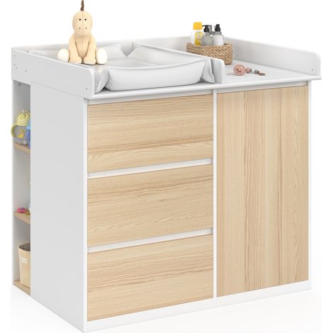 Commode à langer évolutive AMBRE façon hêtre et blanc 3 tiroirs, 1 panier à linge, table à langer et 2 étagères amovibles (1/5)