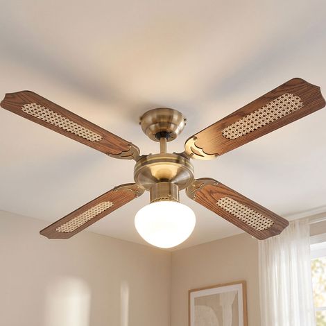 Ventilateur de plafond LED avec interrupteur à tirette Lampe de ventilateur plafond 3 vitesses Ventilateur plafonnier, marche avant-arrière, chêne tressé verre laiton antique, 1x LED 7W 560Lm, D 106,6 (1/5)