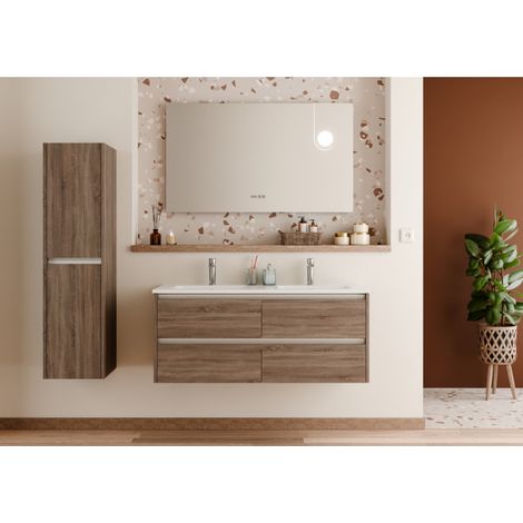 Sanitaire – Meuble double vasque 120cm en bois foncé – Miroir LED antibuée ELEGANCE – 4 tiroirs avec rails coulissants – Résistant à l'humidité (1/5)