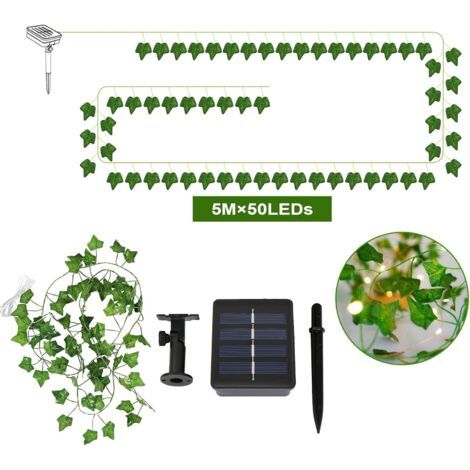 Guirlande Lumineuse Exterieure Solaire 5M 50 LEDs, Lierre Artificiel Guirlande Lumineuse pour Jardin, Cour, Maison, Patio, Exterieur Célébration, Fête de Mariage Décoration,forme de feuille d'érable (1/5)