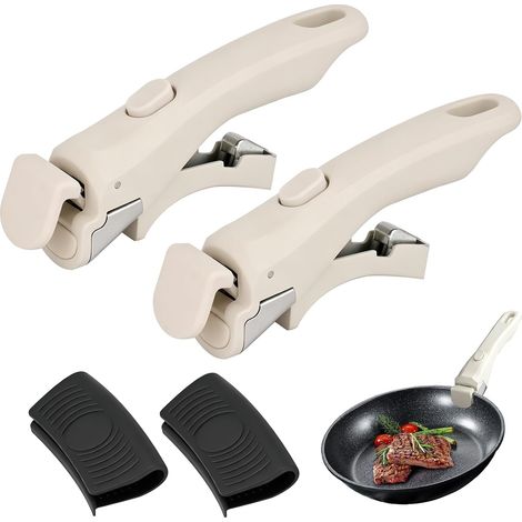Set aus 2 abnehmbaren Griffen + 2 Silikongriffen für Universalpfannen - Tragkraft 10 kg - Hitzebeständig - Für Küchen- und Campingutensilien (weiß) (1/5)