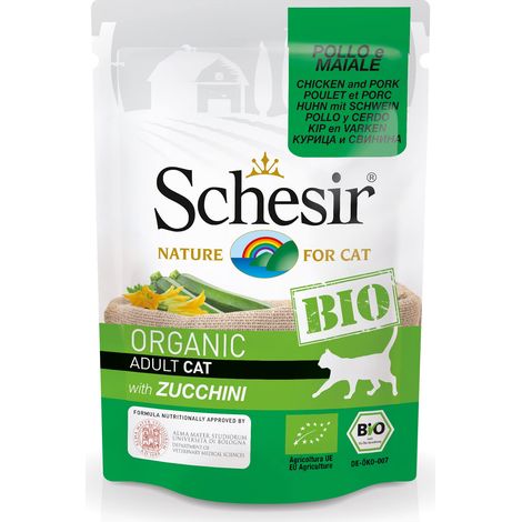 Schesir BIO, Alimento Completo Umido per Gatti adulti, Patè selezionato di Pollo e Maiale Con Zucchine senza Cereali - 16 bustine dal 85g (1,36kg totale) (1/2)