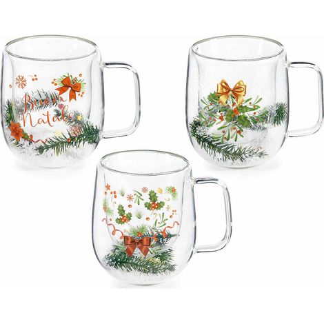 Tasses de Noël en verre borosilicate double paroi à décors de Noël, avec boîte, lot de 3, diam. 8,5 x H. 9,5 cm