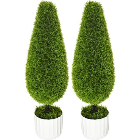 Cyprès artificiel blanc vert ensemble 2 plantes avec pot mousse artificielle 25x25x50 cm