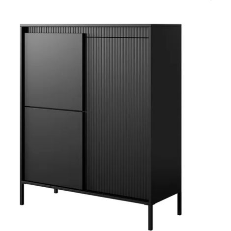 Credenza Alta 3 Ante Push To Open Con 5 Ripiani 7 Vani Mobile Soggiorno Salotto Zona Living Design Moderno Minimal Con Piedini In Metallo 103.5 x 123.4 x 39.5 Cm Nero