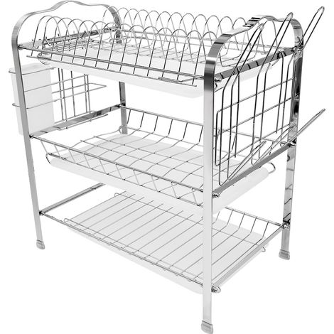 Égouttoir à vaisselle en acier inoxydable, plat de rangement à trois niveaux (1/5)