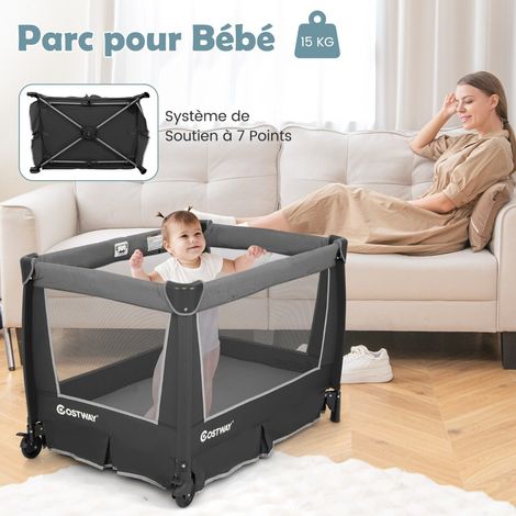 Parc bébé gris 5-en-1 pliable avec couffin amovible, table à langer et roues verrouillables pour chambre, voyage et salon (1/5)