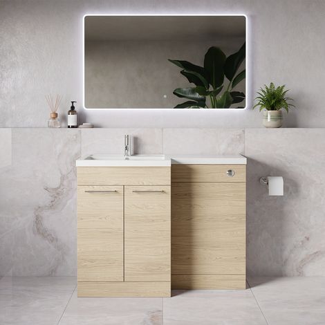 Napoli 390 Light Oak 1100mm 2 Door Vanity Unit Toilet Suite with Square Left Hand Lucia Basin - 1100mm - Chrome 160mm HandleWithout Kingston Toilet Pan