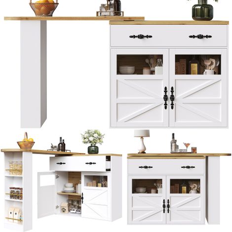 Table de bar extensible avec rangement intégré — Table à manger pivotante à 360° — Unité de bar mobile et moderne — Table haute style bistro pour îlots de cuisine — Buffet avec étagères — Blanc
