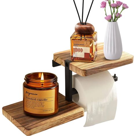 Porte-papier toilette double surface de rangement avec étagère avec 2, design en bois naturel pour un rangement efficace du papier toilette pour salle de bain (1/5)