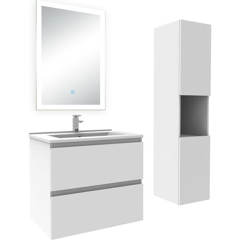 Ocean Ensemble meuble Salle de Bain 60cm avec vasque et colonne et miroir lumineux dimmable blanc