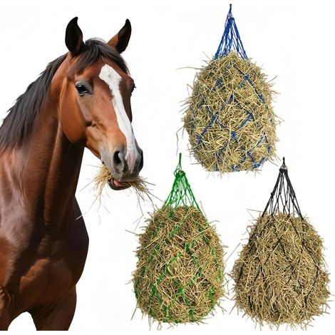 Lot de 3 filets à foin pour chevaux - Maille étroite - 12,7 cm - Avec anneaux - Pour une alimentation adaptée à l'espèce - Sac à foin pour chevaux, poneys, vieux chevaux, chèvres (1/5)