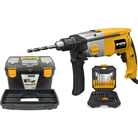 Perceuse à percussion 1050W  + Coffret 50 pièces Forets et embouts  + Boite à outils 18" VITO