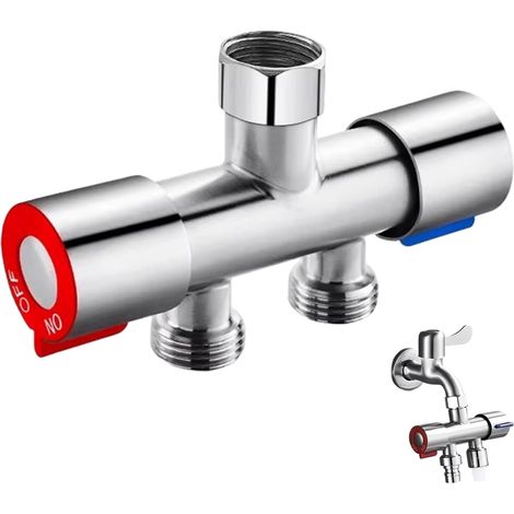 Répartiteur d'Eau, Diviseur de Robinet 1 Entrée 2 Sorties Brossé 1/2" en Acier Inoxydable avec Double Vanne Céramique pour Machine à Laver, Wc, Chauffe-Eau (1/5)