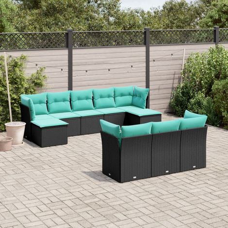 10-teiliges Gartensofa-Set mit Kissen, schwarzes Polyrattan (1/5)