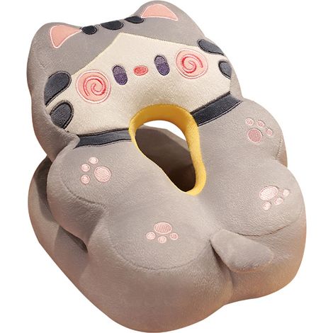 Coussin de sieste en soie glacée en forme de V, motif animal mignon, chat gris, idéal pour le bureau et les étudiants. Coussin de sieste décoratif et amusant. (1/5)