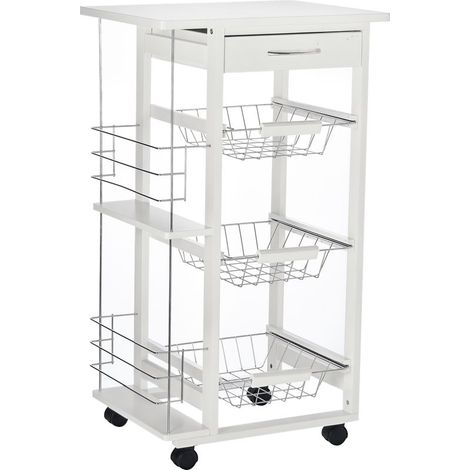 Desserte De Cuisine - Chariot A Roulettes Avec 3 Paniers Metal - Tiroir Et 2 Range-Bouteilles Bois - Blanc - 1 Unite (1/5)