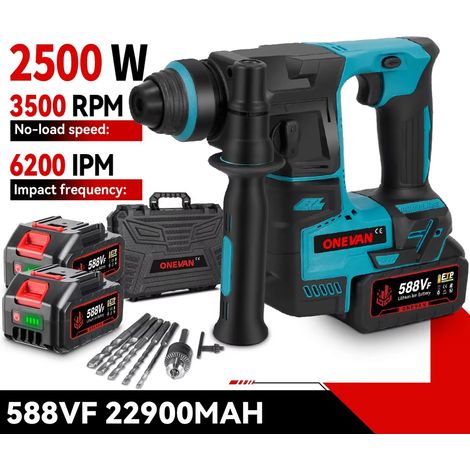 Perforateur burineur 27 mm sans balais, marteau perforateur sans fil multifonction, marteau rotatif compatible batterie Makita 18V, avec 2 batteries + 8 accessoires + coffret plastique (1/5)