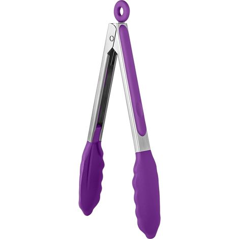 23 cm 315 ℃ Pince de cuisine en silicone résistant à la chaleur avec embouts en caoutchouc antiadhésif hermétiquement scellés et poignée en acier revêtue de silicone pour servir (Violet) (1/5)
