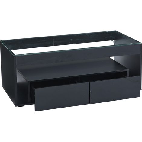Rechteckiger Couchtisch mit LED und 2 Schubladen aus gehärtetem Glas 100x50x40 cm Schwarz MODENUIT (1/5)