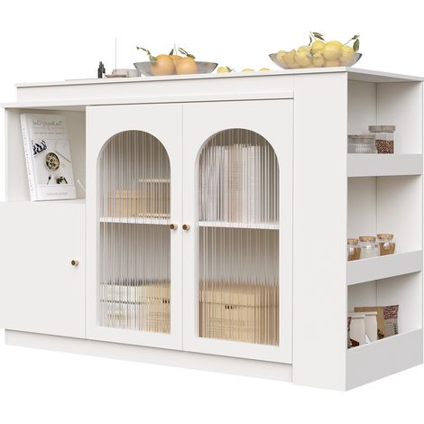 Mueble Bar Giratorio con Puerta de Vidrio, Estantes Abiertos y Almacenamiento Cerrado para Cocina y Comedor, Blanco (1/5)
