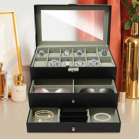 Boîte à bijoux verrouillable à 3 niveaux, Boite a Lunette de Soleil avec 12 emplacements pour montres, 2 tiroirs et organisateur en velours PU, pour contenir des bijoux et des articles
